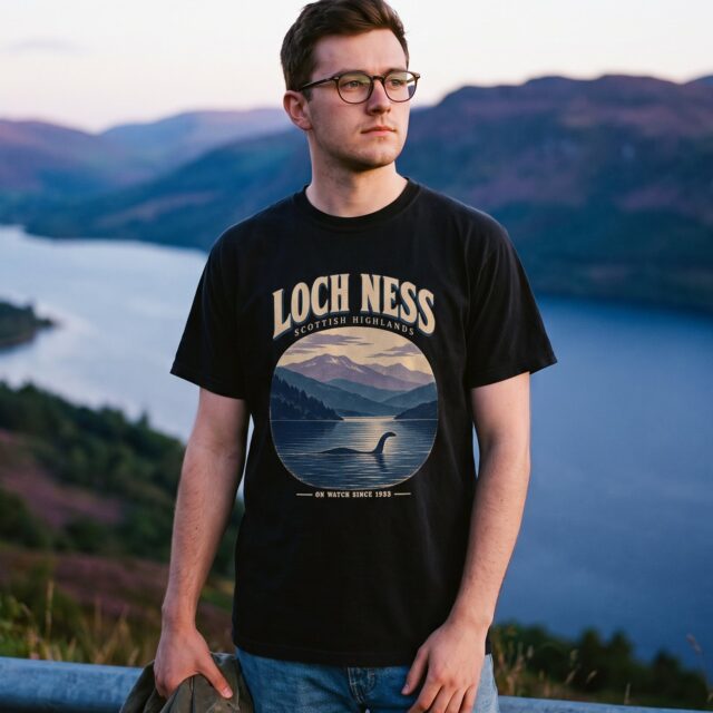 A person wearing the Loch Ness On Watch tee in black on location near Loch Ness, Scotland