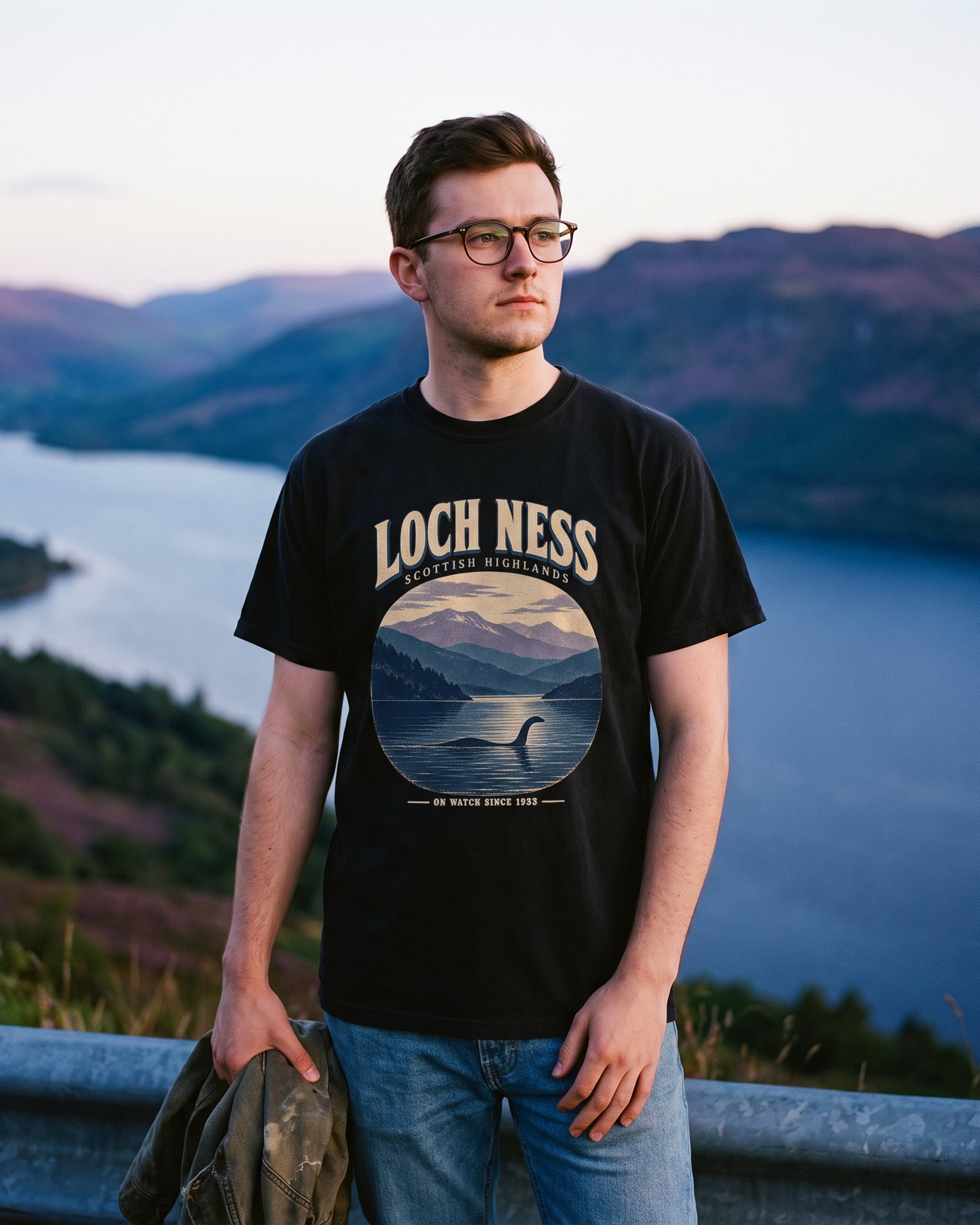 A person wearing the Loch Ness On Watch tee in black on location near Loch Ness, Scotland