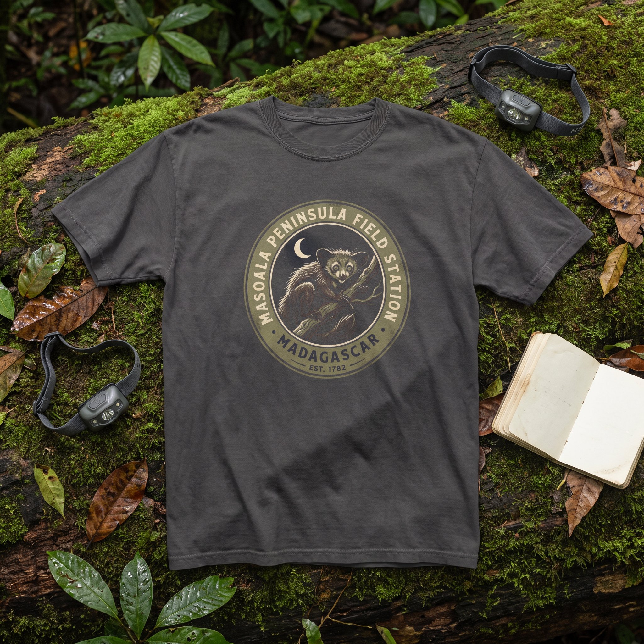 The Masoala Field Station tee in graphite laid flat with field kit from the Aye-aye file