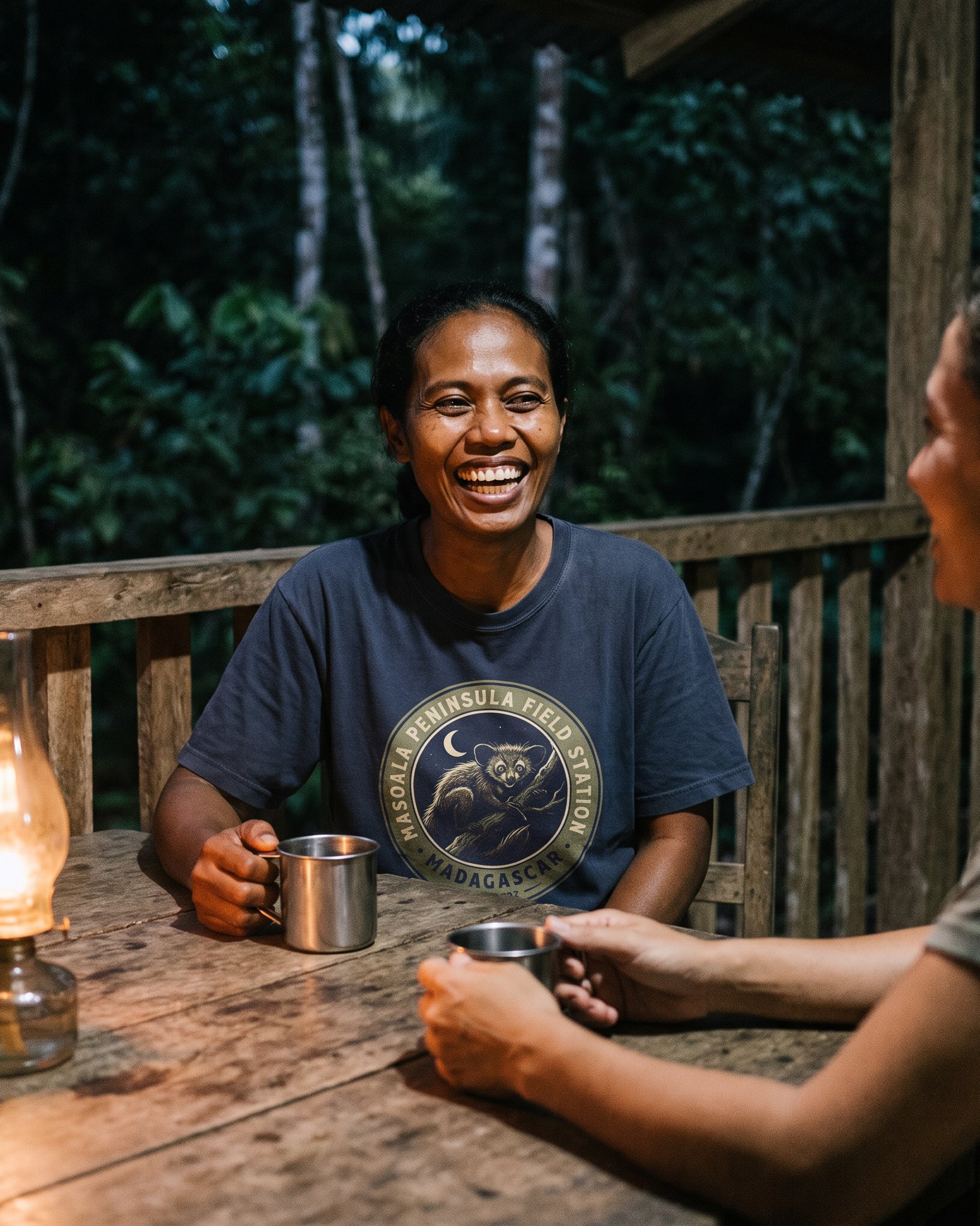 The same person wearing the Masoala Field Station tee in navy