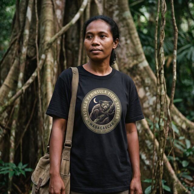 A person wearing the Masoala Field Station tee in black on location near Masoala Peninsula, Madagascar