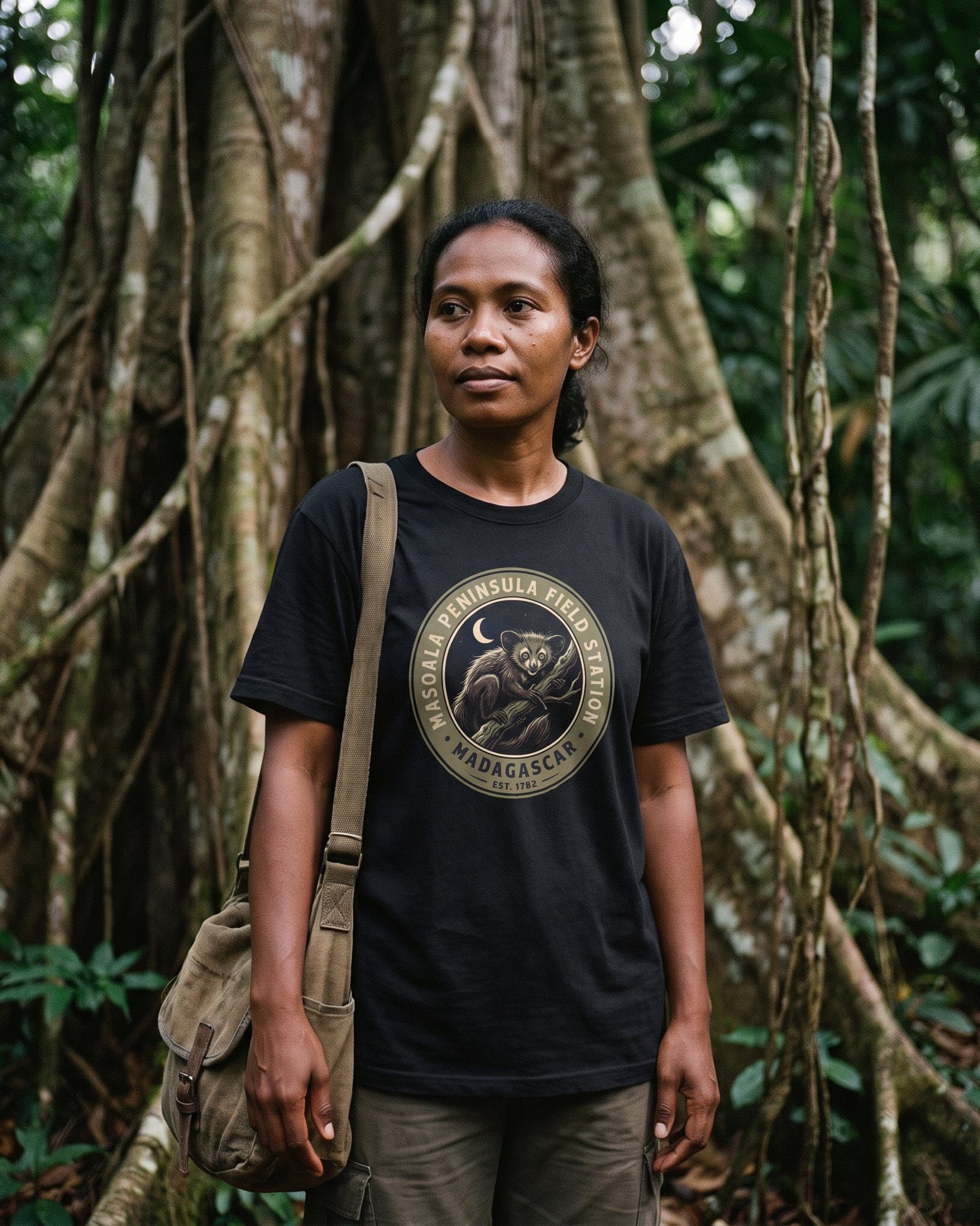 A person wearing the Masoala Field Station tee in black on location near Masoala Peninsula, Madagascar