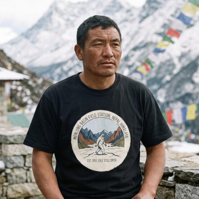A person wearing the Menlung Basin Field Station tee in black on location near Menlung Basin, Nepal