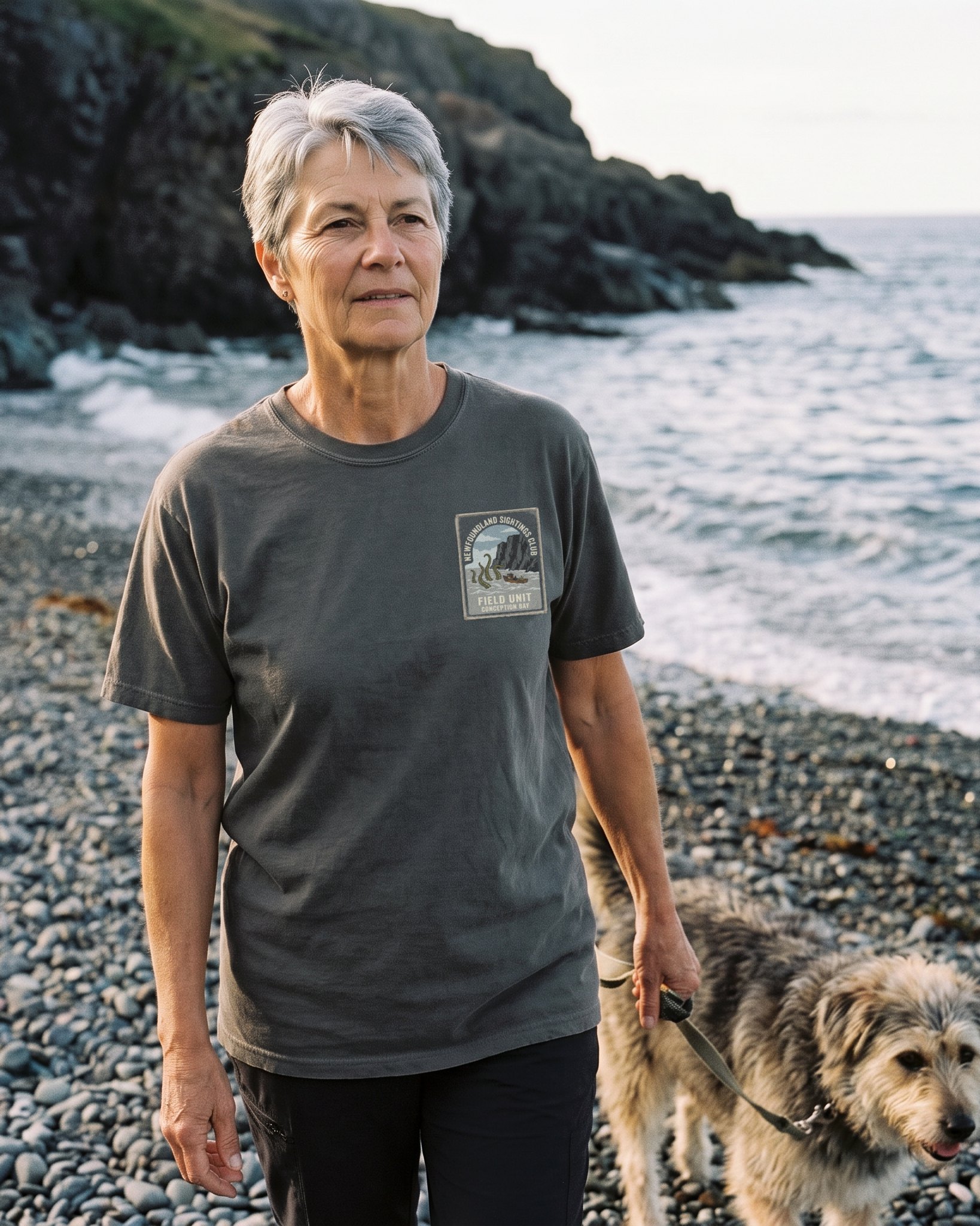 The same person wearing the Newfoundland Sightings Club tee in pepper