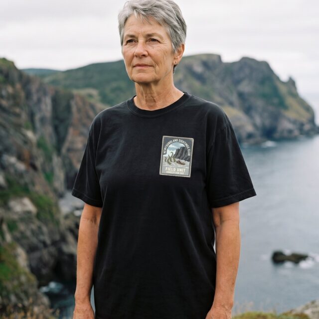 A person wearing the Newfoundland Sightings Club tee in black on location near Conception Bay, Newfoundland