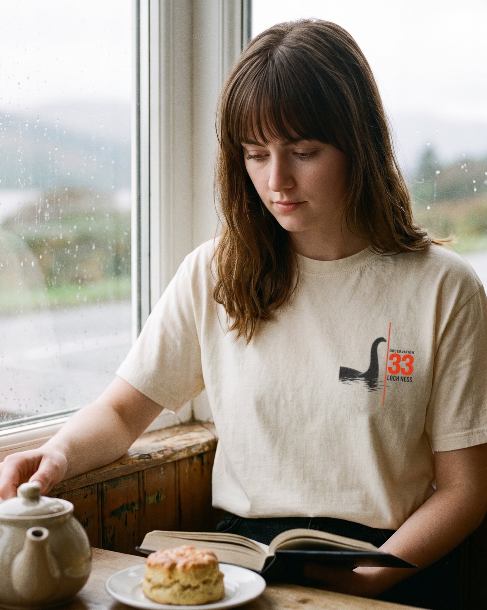 The same person wearing the Observation 33 tee in ivory