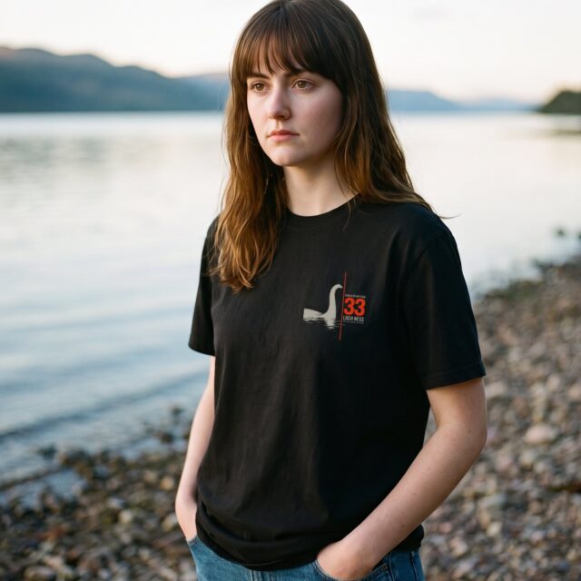 A person wearing the Observation 33 tee in black on location near Loch Ness, Scotland
