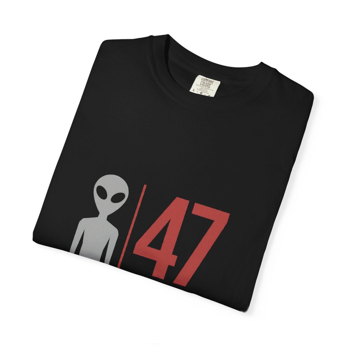 Close-up of the Observation 47 print on a folded black tee
