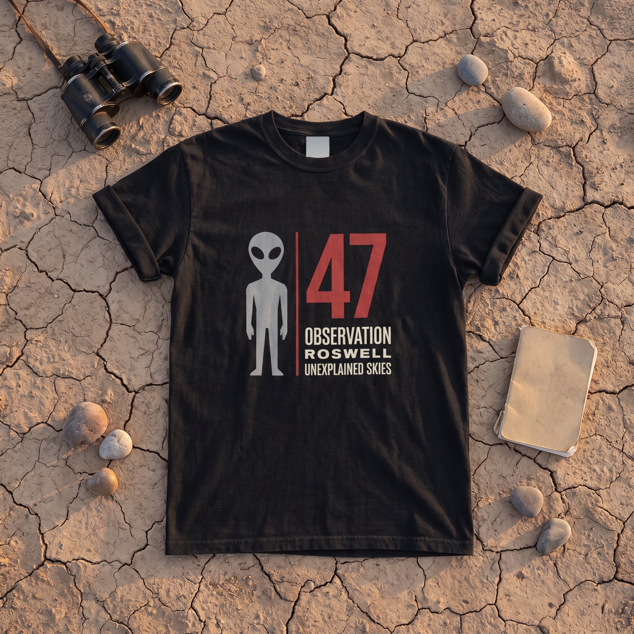 The Observation 47 tee in black laid flat with field kit from the Grey Alien file