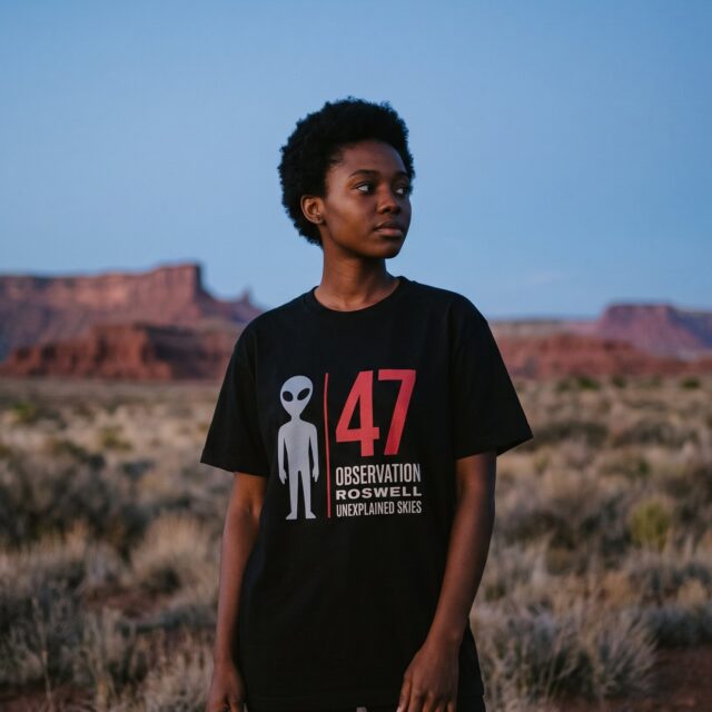 A person wearing the Observation 47 tee in black on location near Roswell, New Mexico