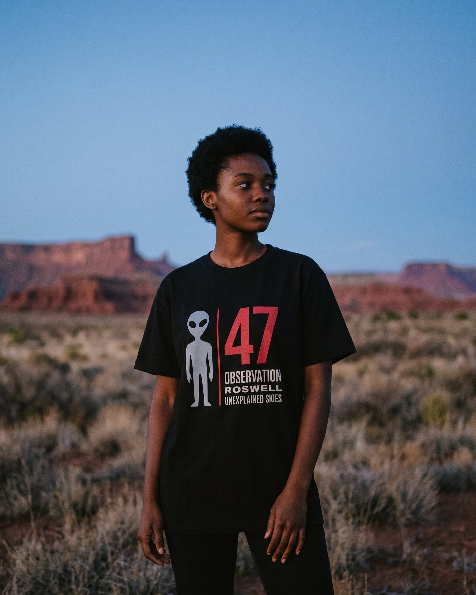 A person wearing the Observation 47 tee in black on location near Roswell, New Mexico