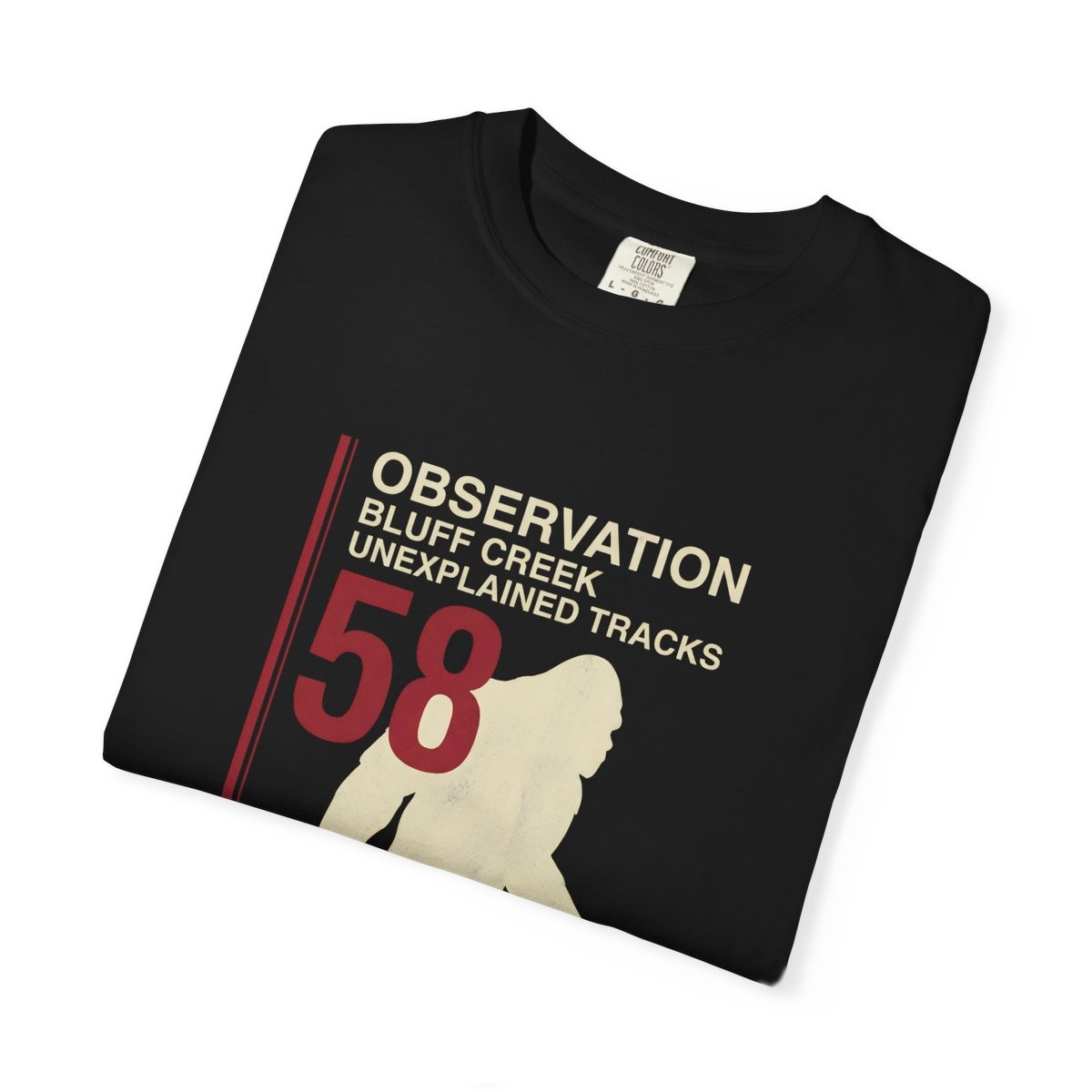 Close-up of the Observation 58 print on a folded black tee