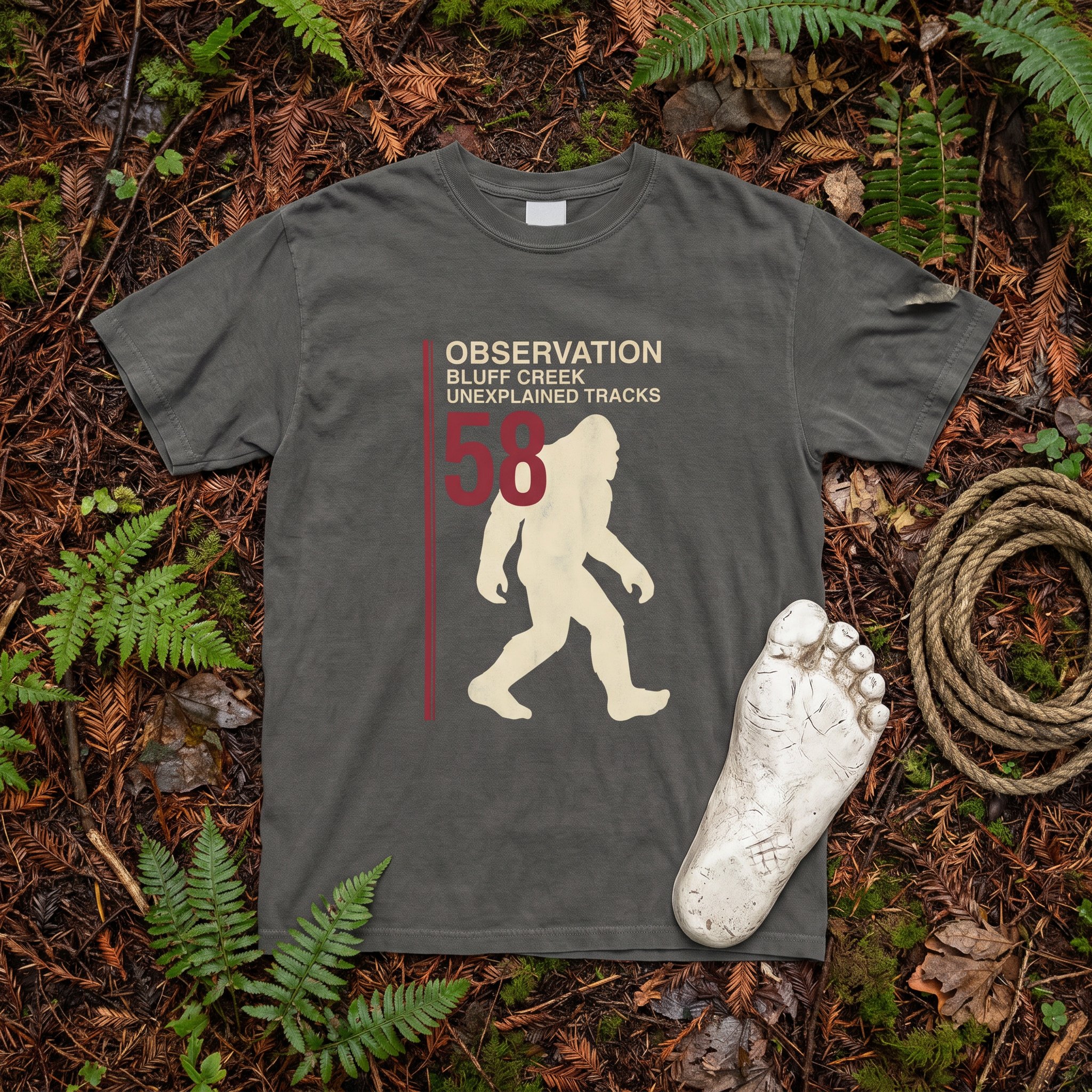The Observation 58 tee in pepper laid flat with field kit from the Bigfoot file