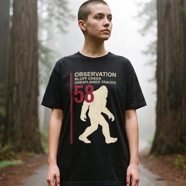 A person wearing the Observation 58 tee in black on location near Bluff Creek, California