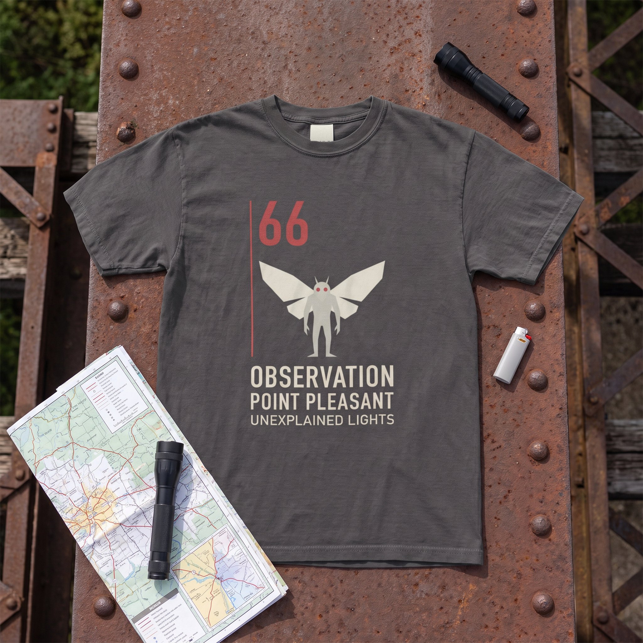The Observation 66 tee in graphite laid flat with field kit from the Mothman file