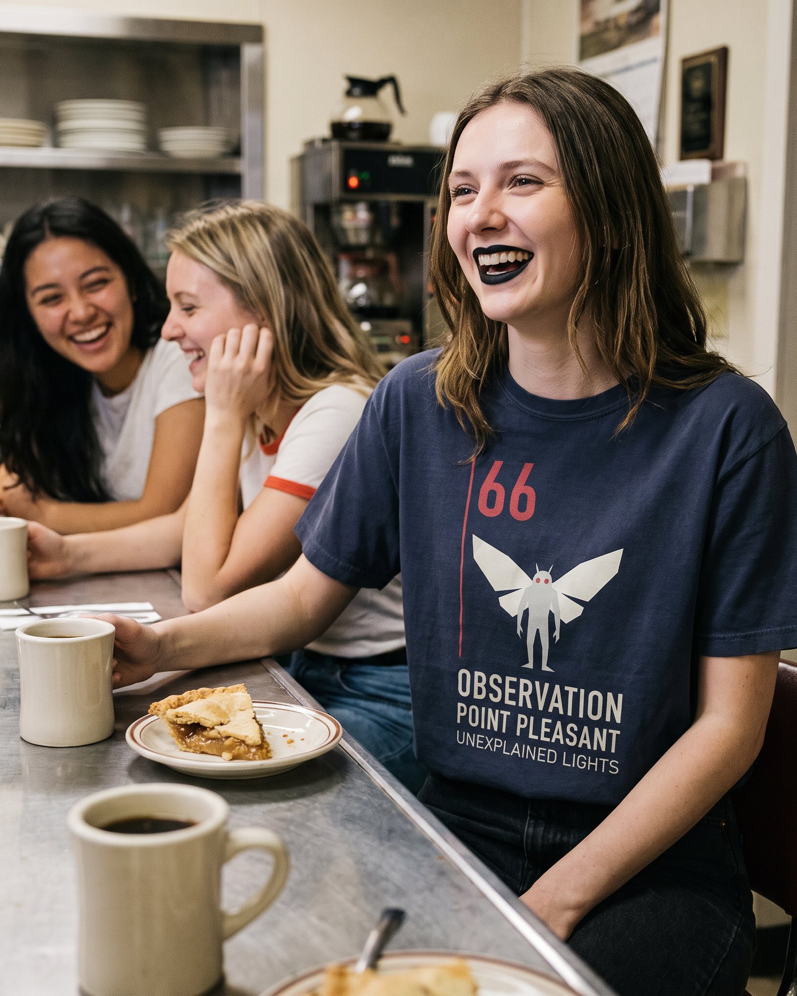 The same person wearing the Observation 66 tee in navy