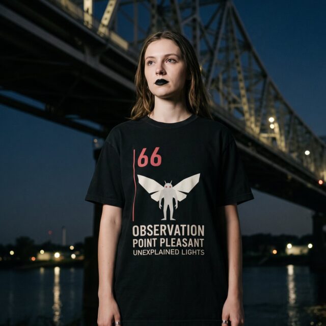 A person wearing the Observation 66 tee in black on location near Point Pleasant, West Virginia