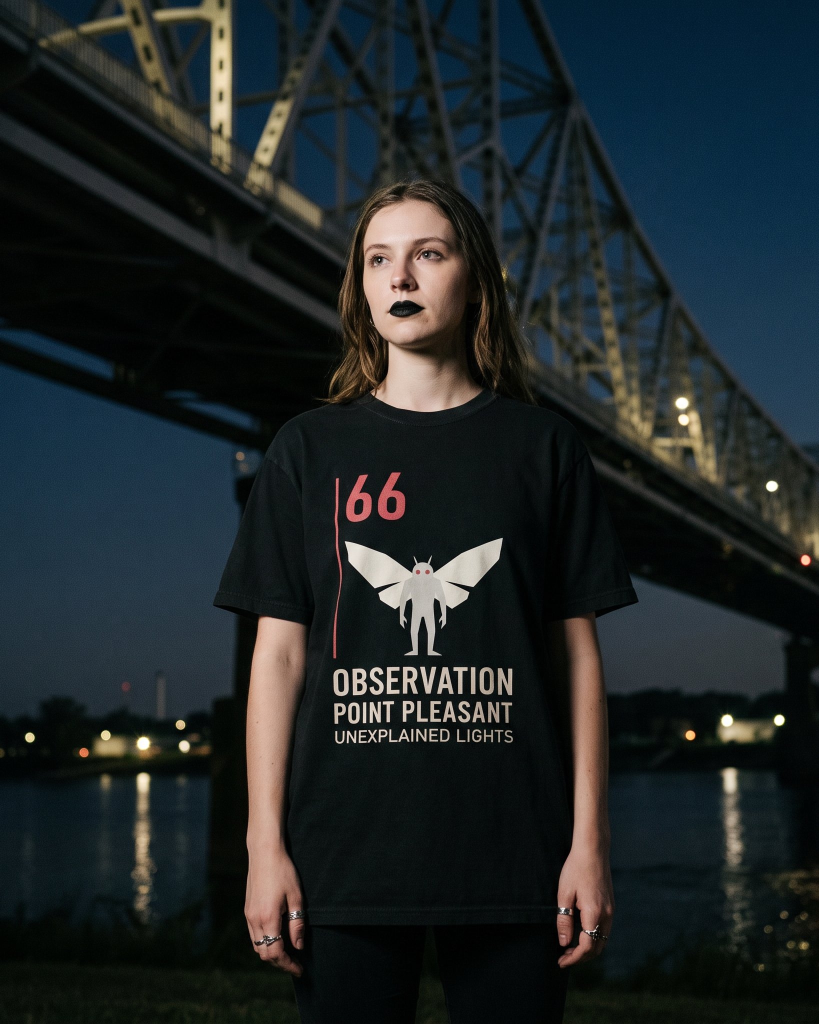 A person wearing the Observation 66 tee in black on location near Point Pleasant, West Virginia