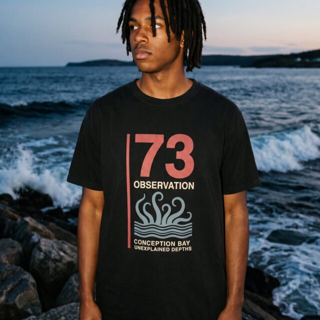 A person wearing the Observation 73 tee in black on location near Conception Bay, Newfoundland