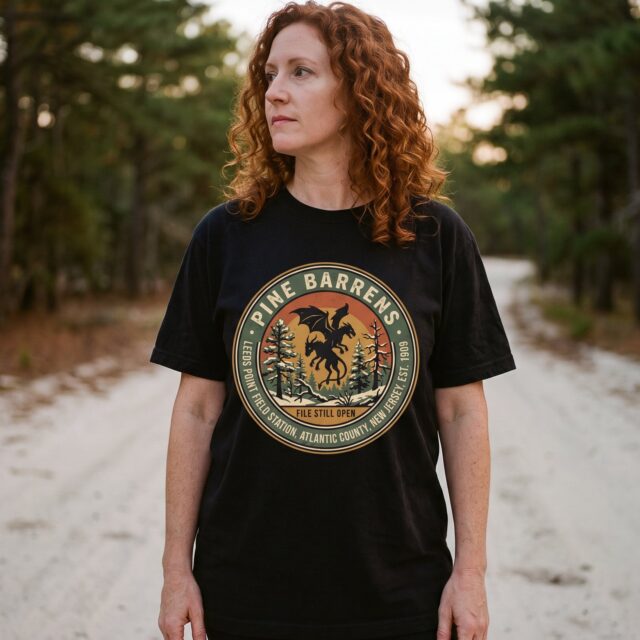 A person wearing the Pine Barrens Field Station tee in black on location near Leeds Point, New Jersey