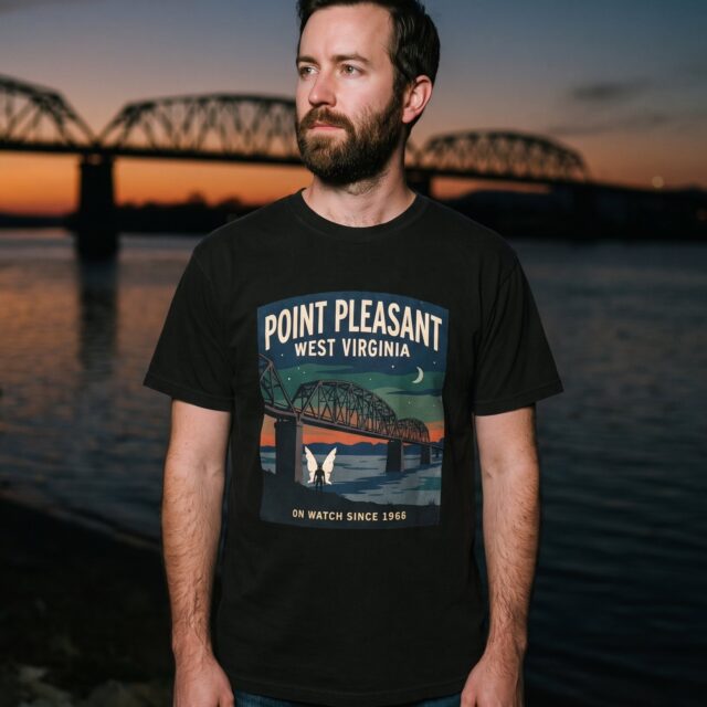 A person wearing the Point Pleasant On Watch tee in black on location near Point Pleasant, West Virginia