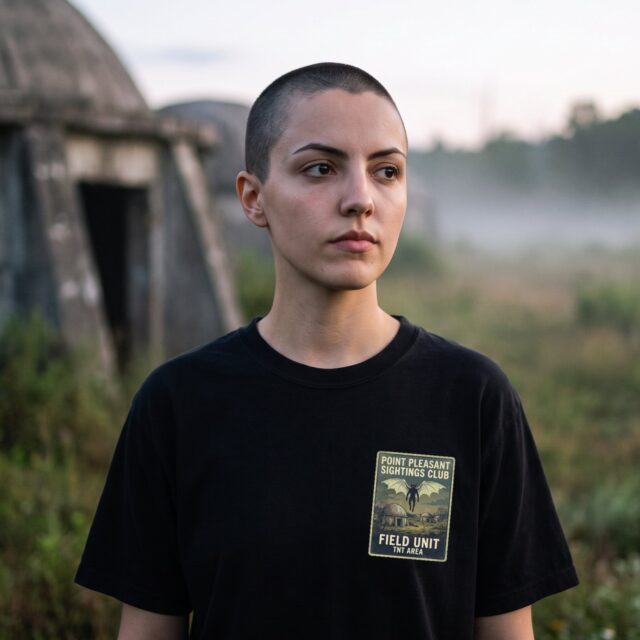 A person wearing the Point Pleasant Sightings Club tee in black on location near Point Pleasant, West Virginia
