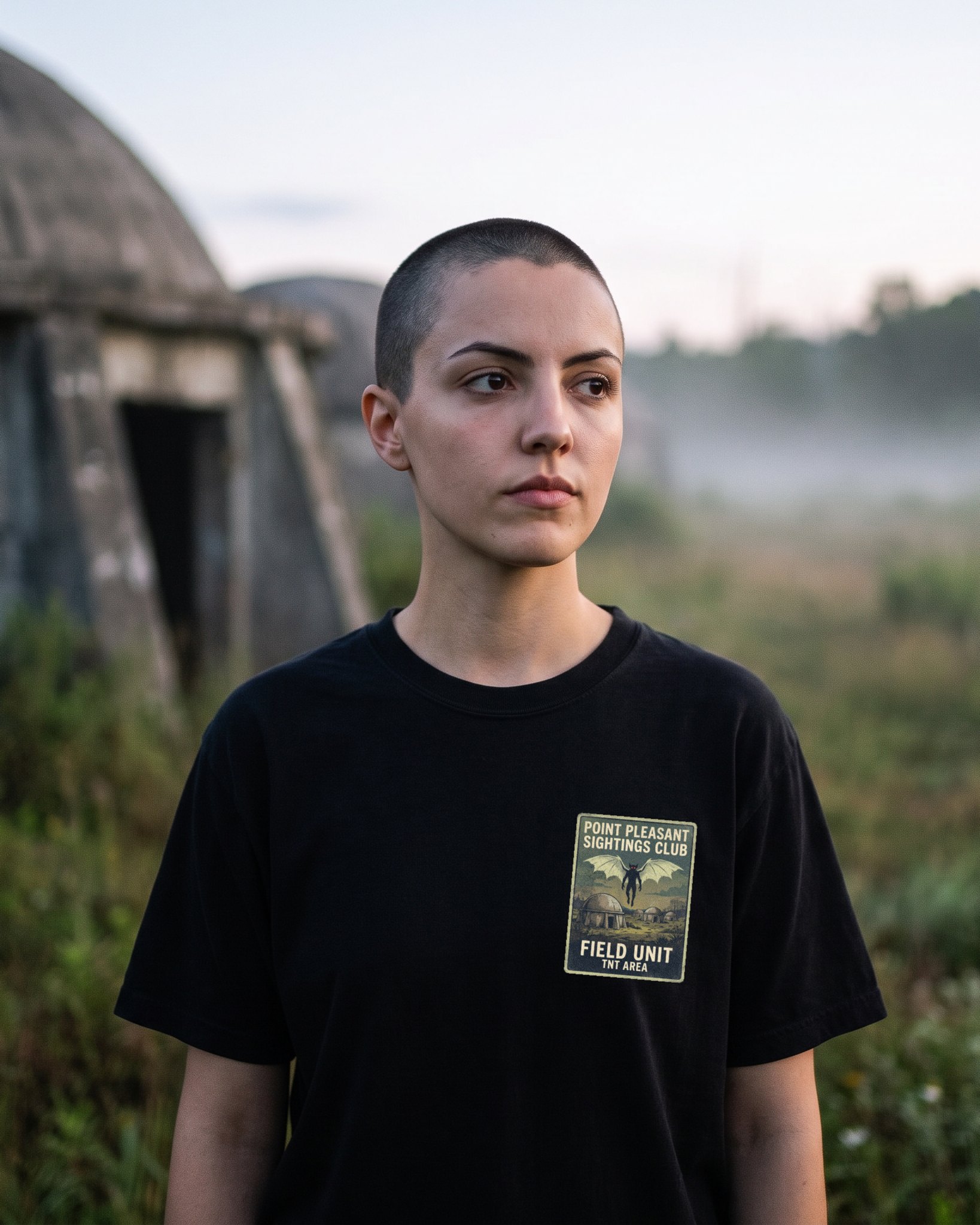 A person wearing the Point Pleasant Sightings Club tee in black on location near Point Pleasant, West Virginia