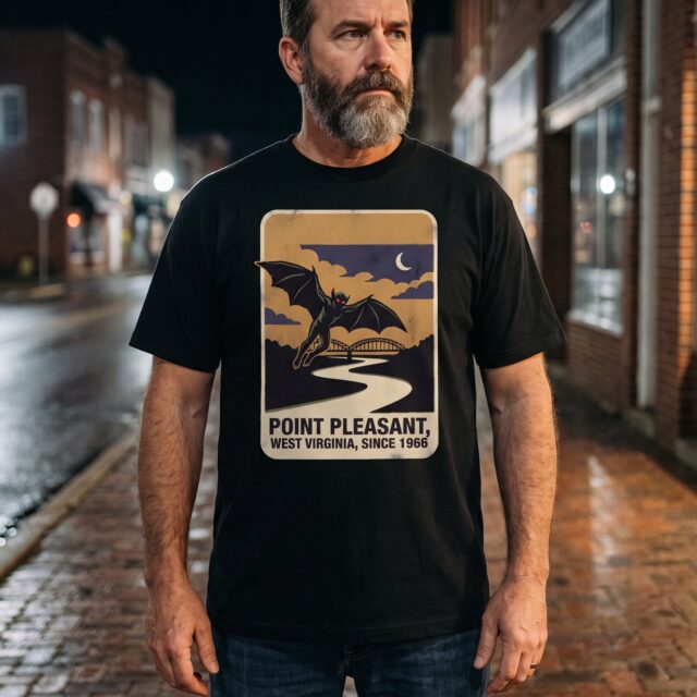 A person wearing the Point Pleasant Souvenir tee in black on location near Point Pleasant, West Virginia