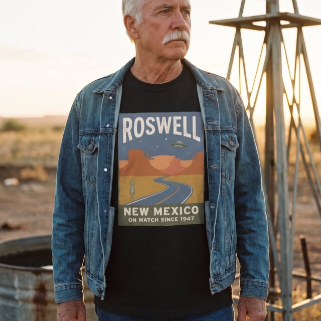 A person wearing the Roswell On Watch tee in black on location near Roswell, New Mexico