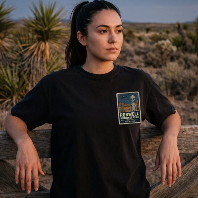 A person wearing the Roswell Sightings Club tee in black on location near Roswell, New Mexico