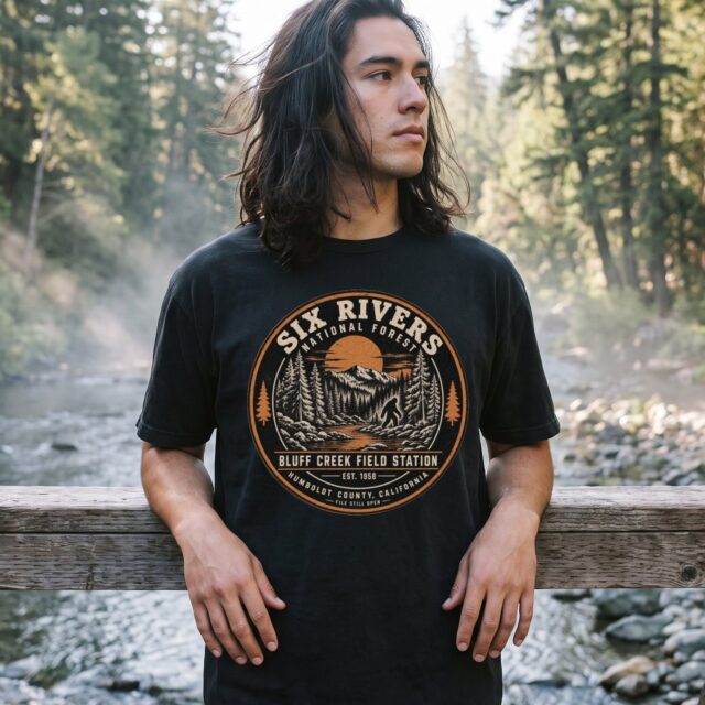A person wearing the Six Rivers Field Station tee in black on location near Bluff Creek, California