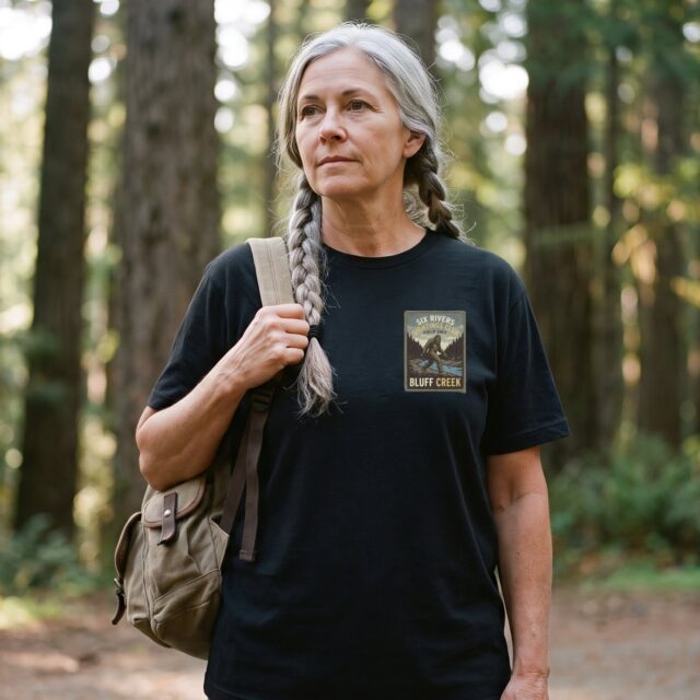 A person wearing the Six Rivers Sightings Club tee in black on location near Bluff Creek, California