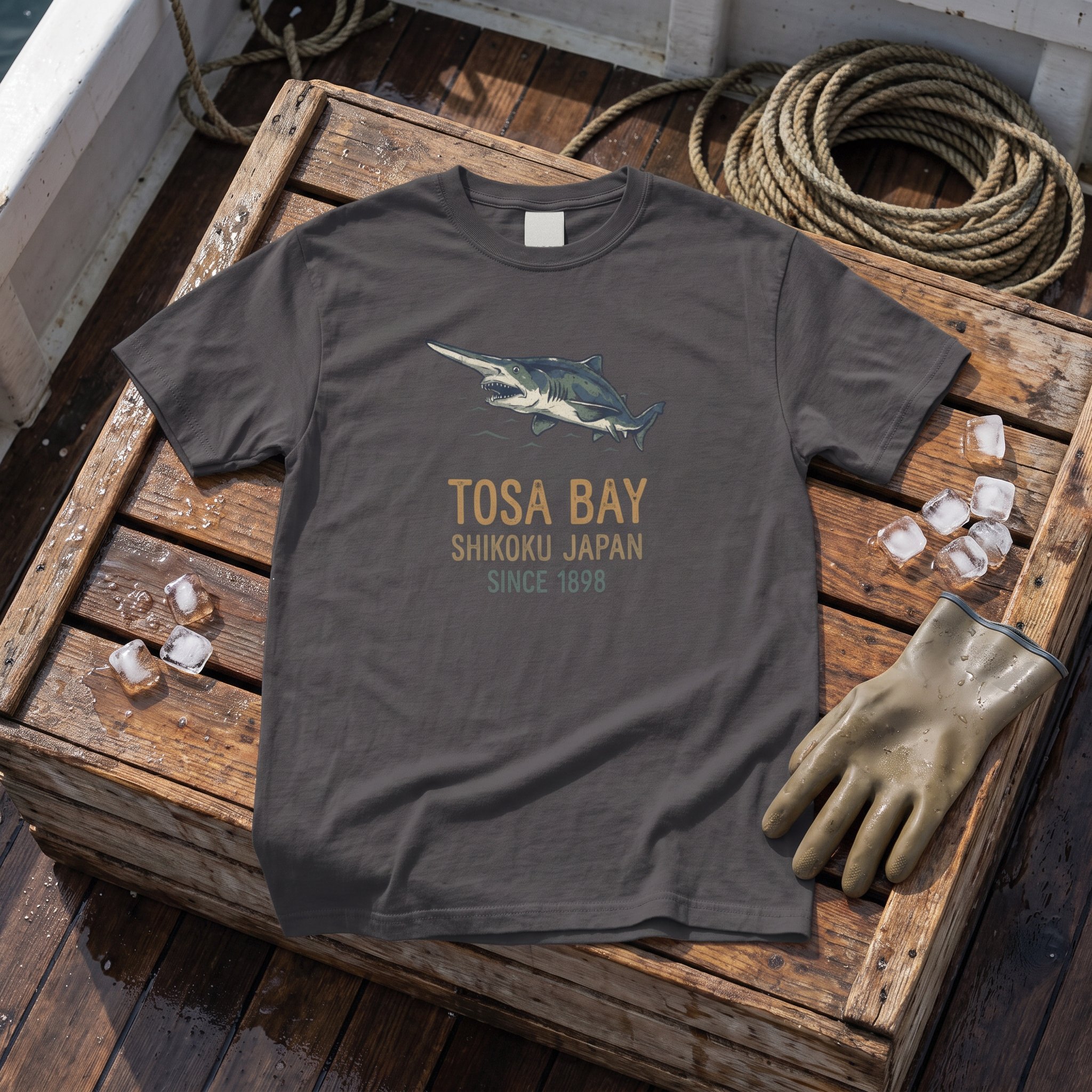 The Tosa Bay Souvenir tee in graphite laid flat with field kit from the Goblin Shark file