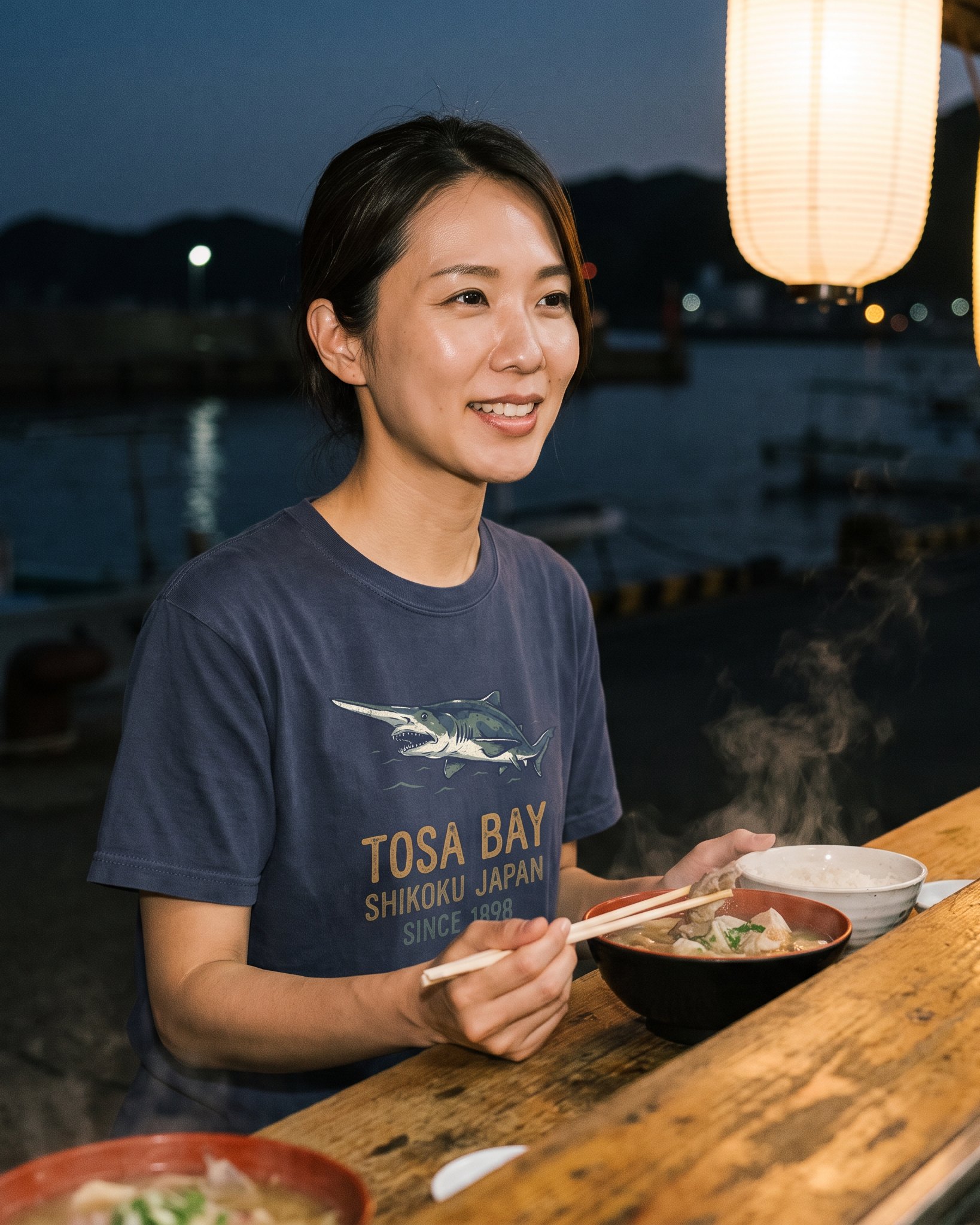 The same person wearing the Tosa Bay Souvenir tee in navy