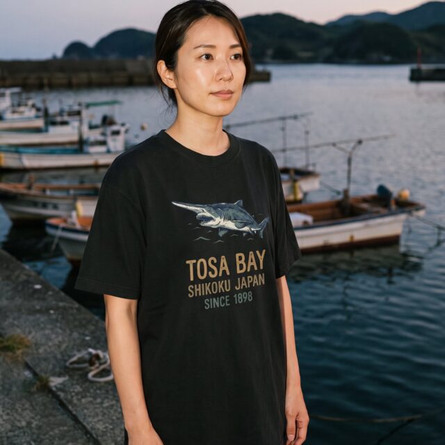 A person wearing the Tosa Bay Souvenir tee in black on location near Tosa Bay, Japan