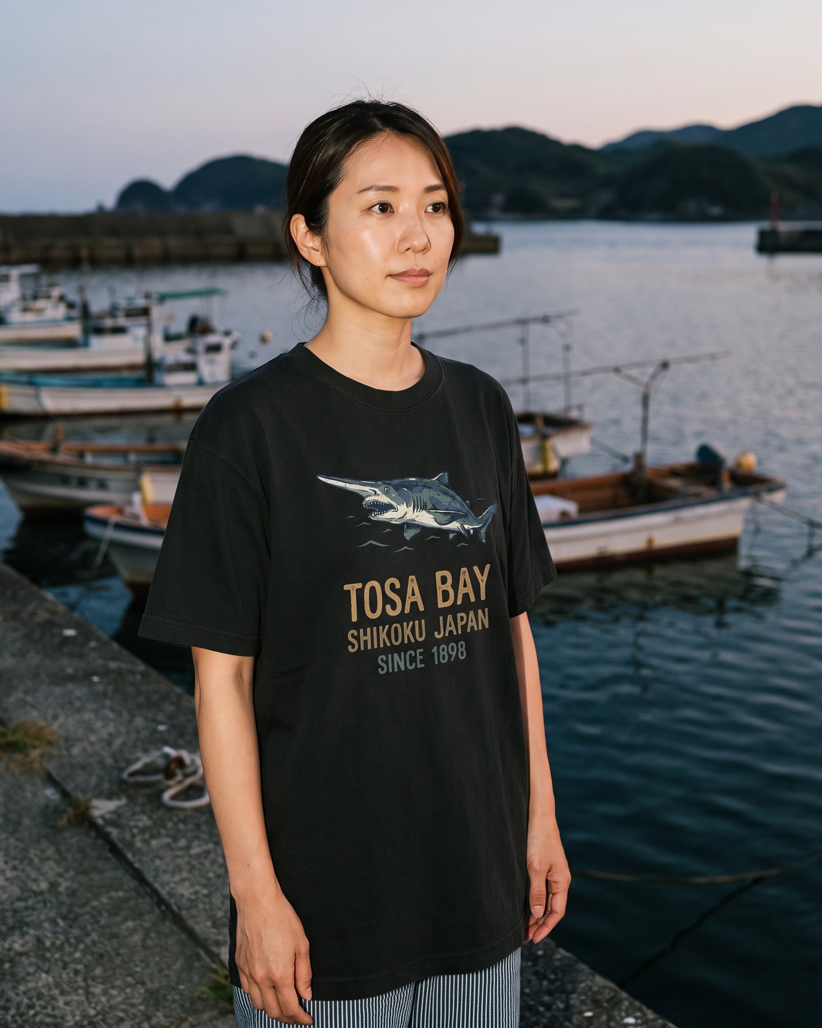 A person wearing the Tosa Bay Souvenir tee in black on location near Tosa Bay, Japan