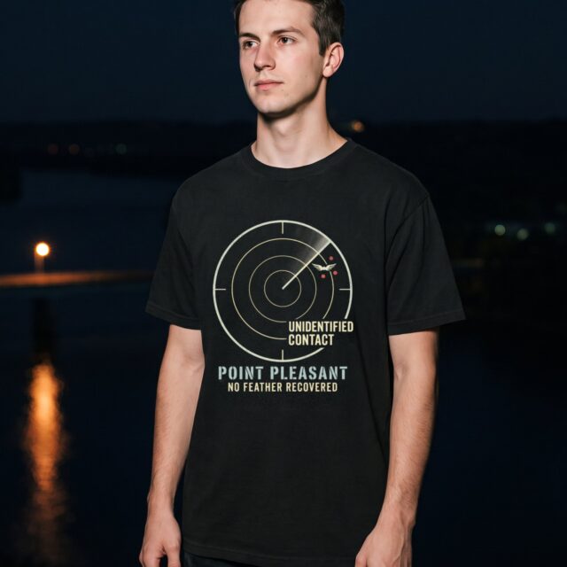 A person wearing the Unidentified Contact tee in black on location near Point Pleasant, West Virginia