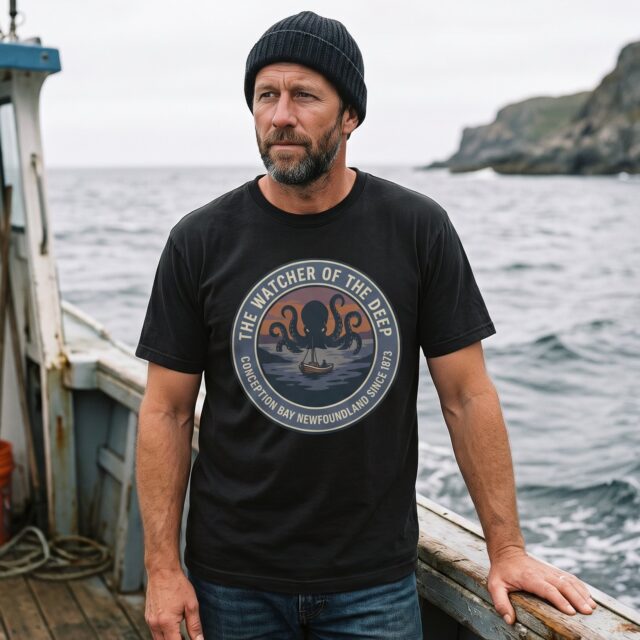 A person wearing the Watcher of the Deep tee in black on location near Conception Bay, Newfoundland