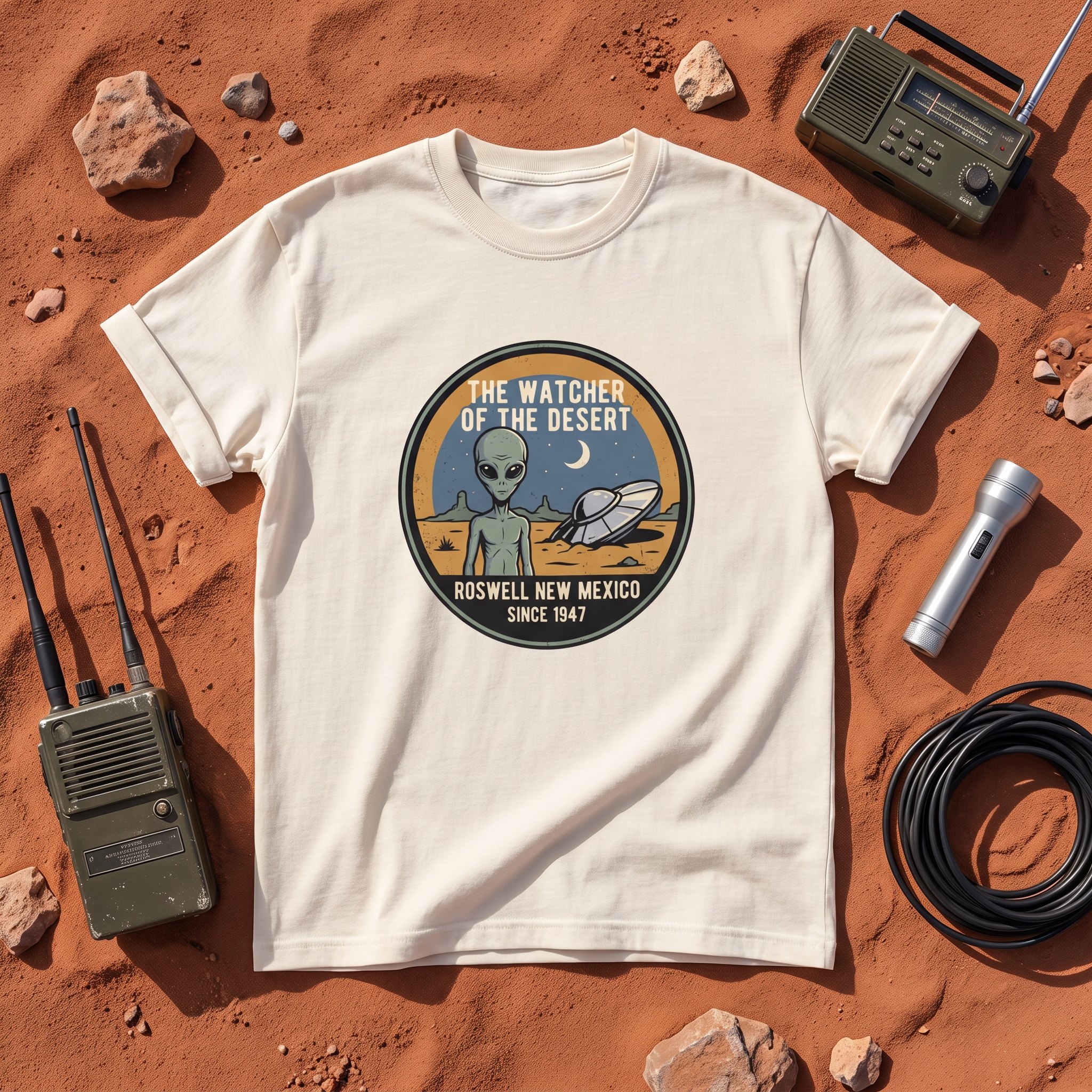 The Watcher of the Desert tee in ivory laid flat with field kit from the Grey Alien file