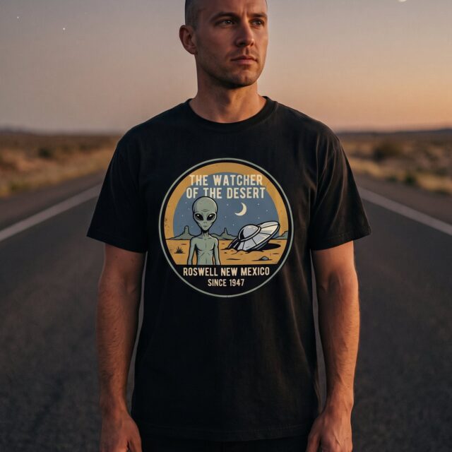 A person wearing the Watcher of the Desert tee in black on location near Roswell, New Mexico