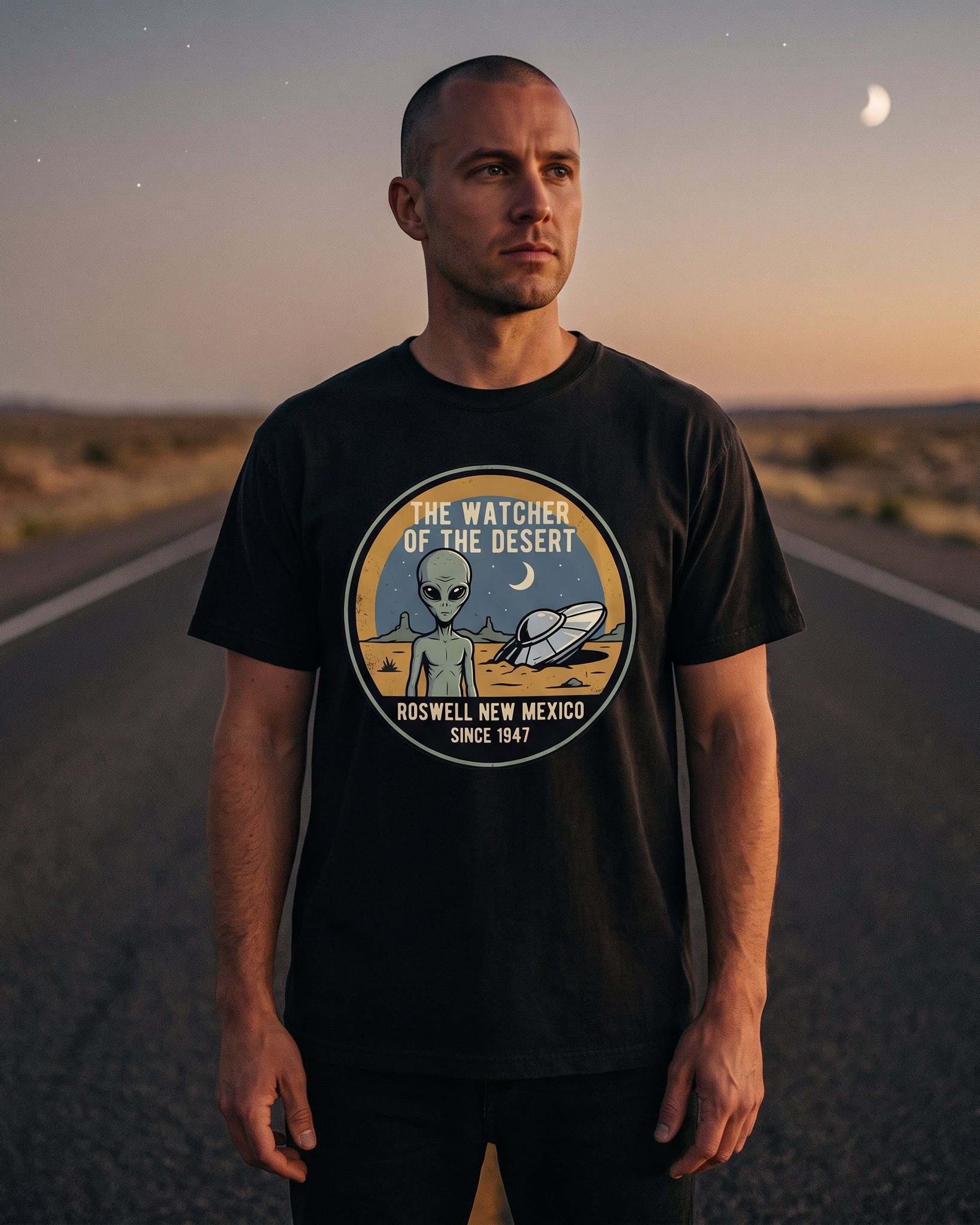 A person wearing the Watcher of the Desert tee in black on location near Roswell, New Mexico
