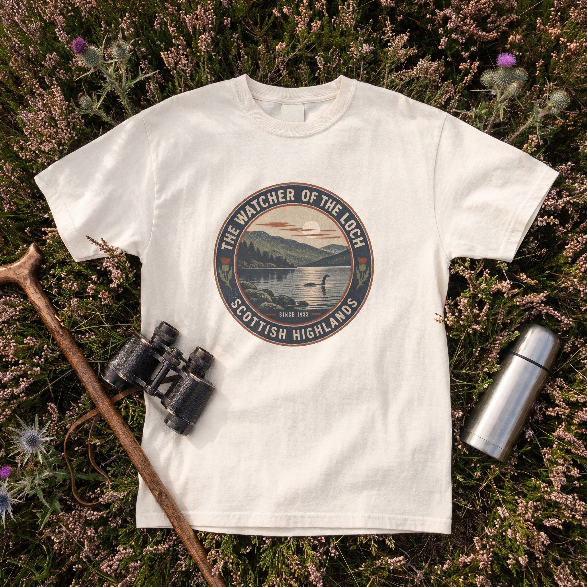 The Watcher of the Loch tee in ivory laid flat with field kit from the Loch Ness Monster file