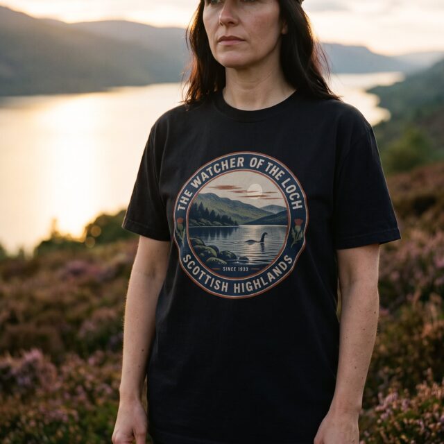 A person wearing the Watcher of the Loch tee in black on location near Loch Ness, Scotland
