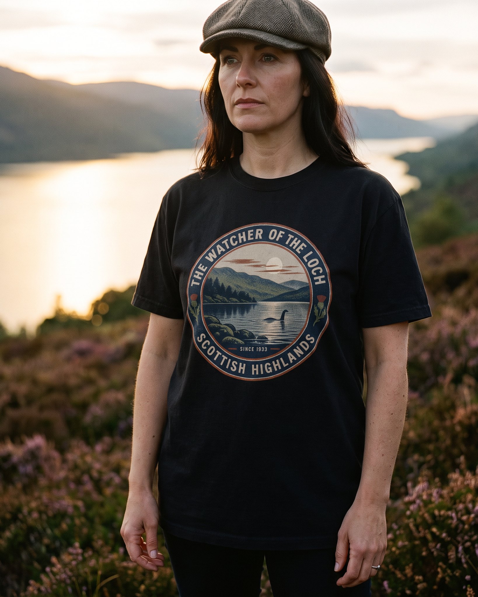 A person wearing the Watcher of the Loch tee in black on location near Loch Ness, Scotland