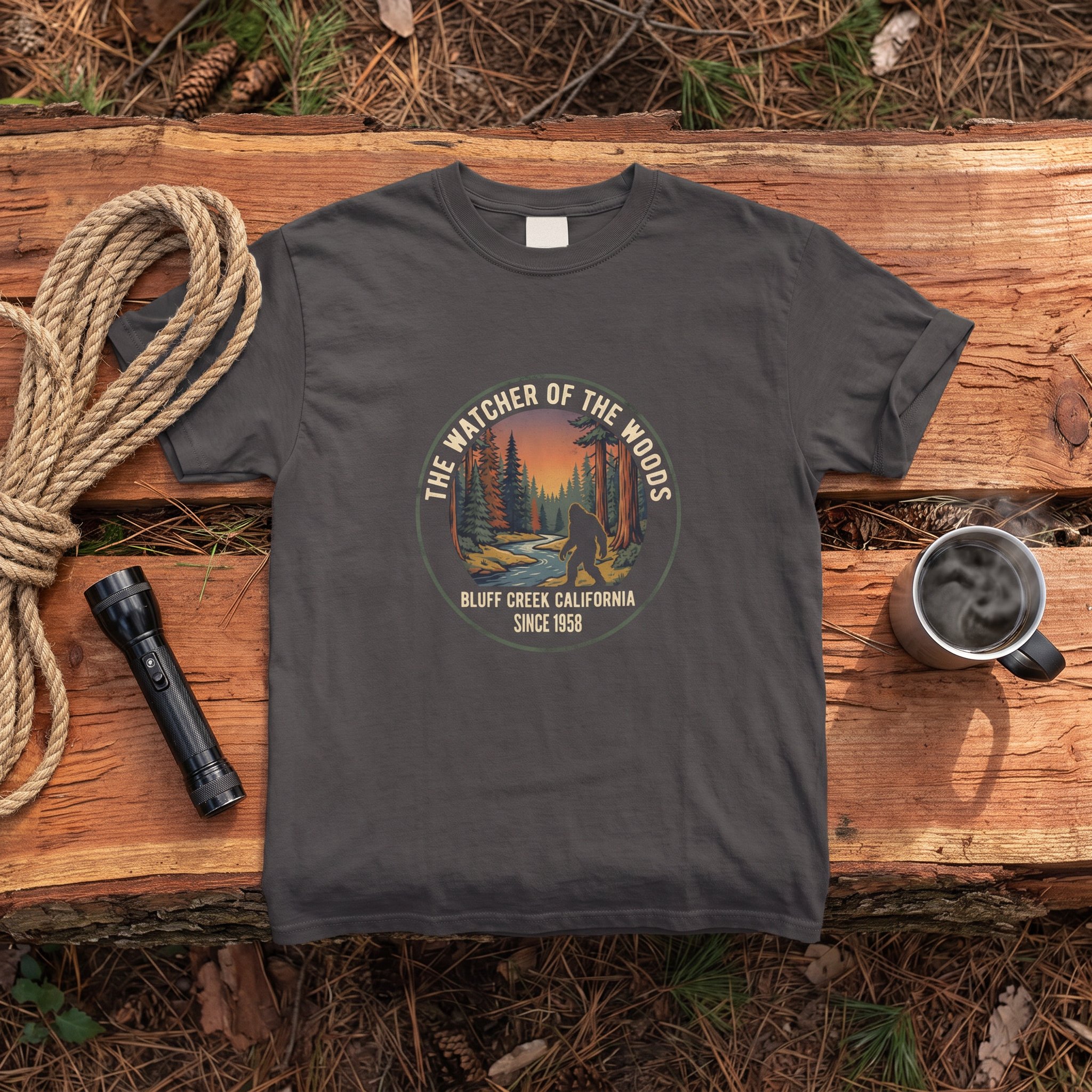 The Watcher of the Woods tee in graphite laid flat with field kit from the Bigfoot file