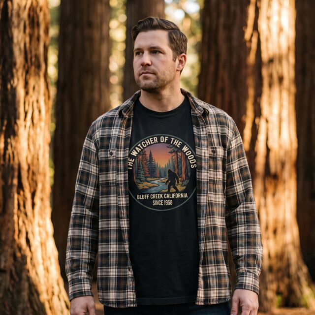 A person wearing the Watcher of the Woods tee in black on location near Bluff Creek, California