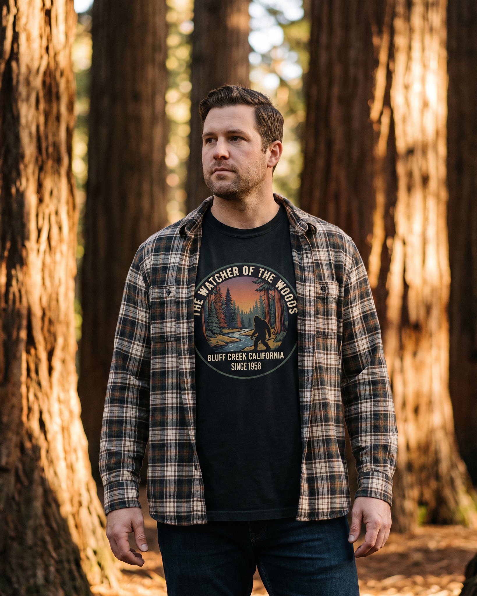 A person wearing the Watcher of the Woods tee in black on location near Bluff Creek, California