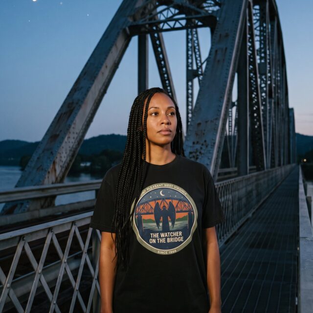 A person wearing the Watcher on the Bridge tee in black on location near Point Pleasant, West Virginia